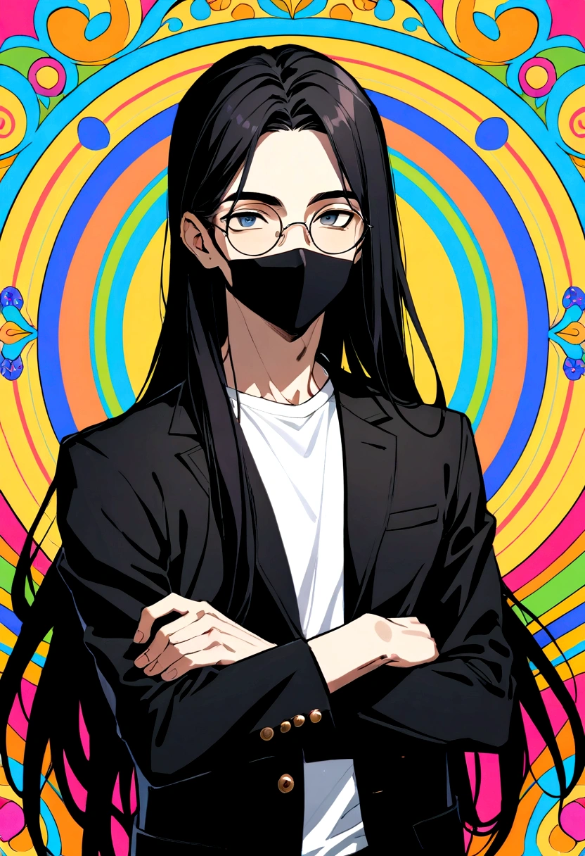 Boy,round glasses,long hair,black hair,black facemask,black jacket,white undershirt 