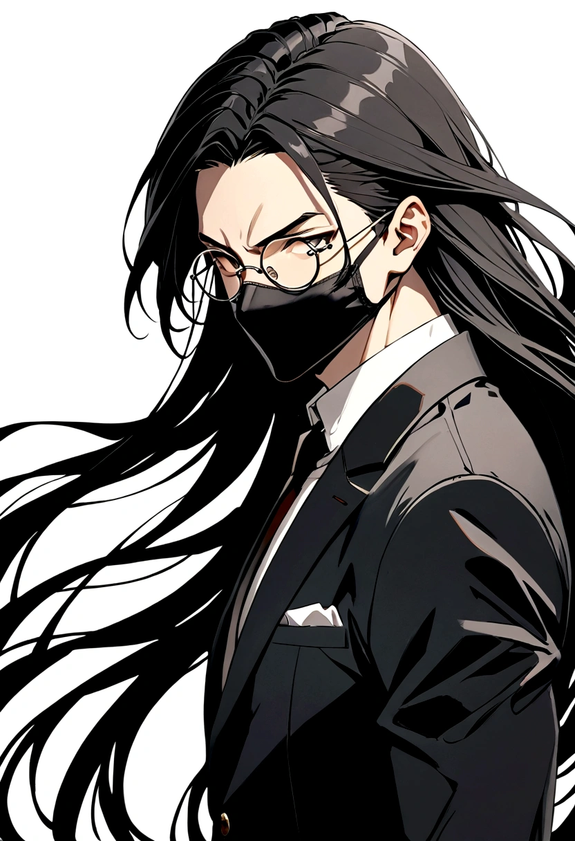 Boy,round glasses,long hair,black hair,black facemask,black jacket,white undershirt