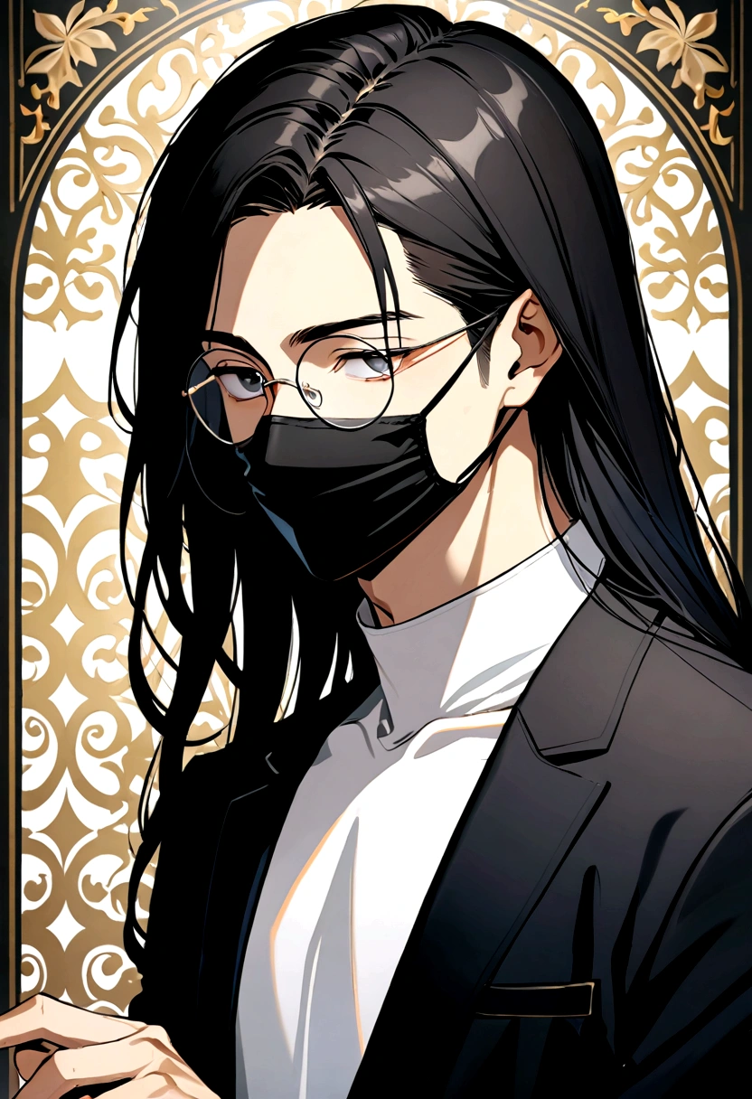 Boy,round glasses,long hair,black hair,black facemask,black jacket,white undershirt