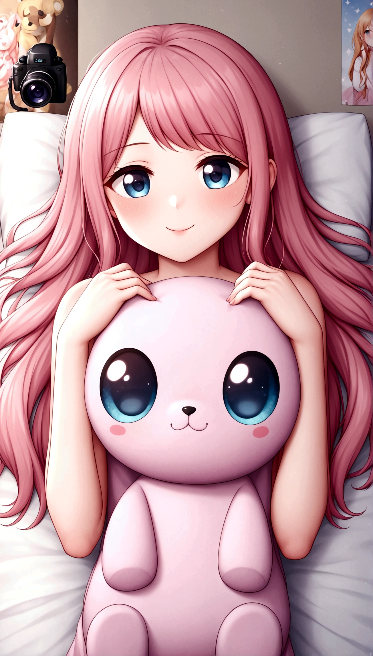 Ultra-high-resolution 8K portrait of a hyper-realistic J-POP styled bedroom scene with a beautiful woman lying on her bed, engrossed in reading manga and unable to stop. The room is vibrant with pastel colors, anime posters on the walls, and plush toys scattered around. The bed has a cute, patterned duvet, and the woman is dressed in a stylish, casual outfit. Her expression shows deep concentration and joy as she reads. The lighting is soft and warm, casting gentle shadows, creating a cozy atmosphere. Extremely detailed, cinematic composition, trending on ArtStation