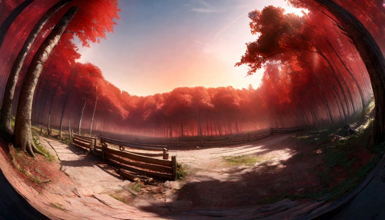 a red forest clearing, photorealistic, 8k, highly detailed, masterpiece, (360° view), angular amplitude