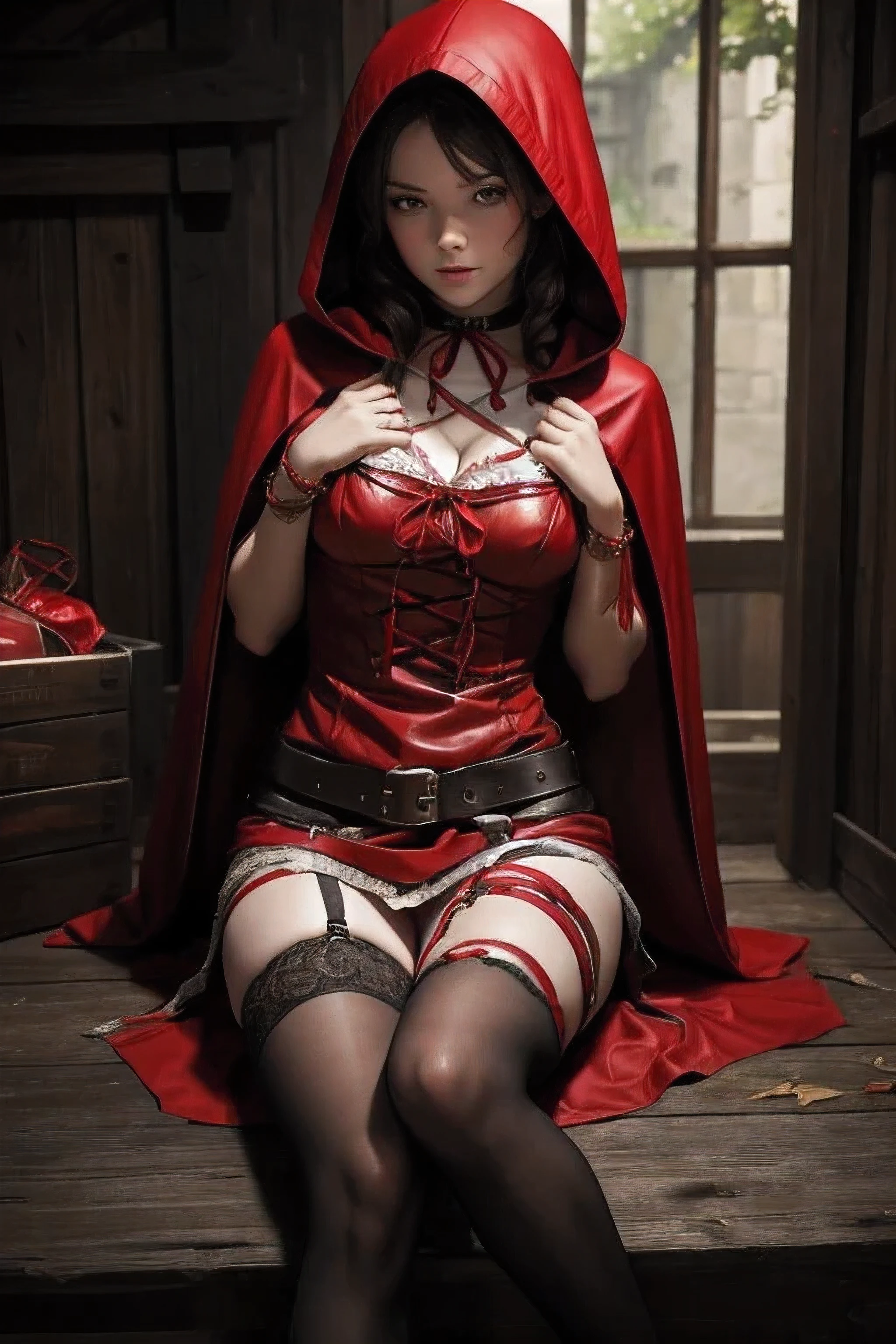 european beautiful milf、(Super beautiful)、(beautiful face:1.5)、(A detailed face)、( milf nymth sitting on a chair in a forest hut)、(Wearing a red hood:1.2)、(with spreading legs:1.2)、(Show me my bare genitals from under my skirt:1.1), perfect genitals, moist pussy, orgasm, (mini skirt)、(large perky beasts)