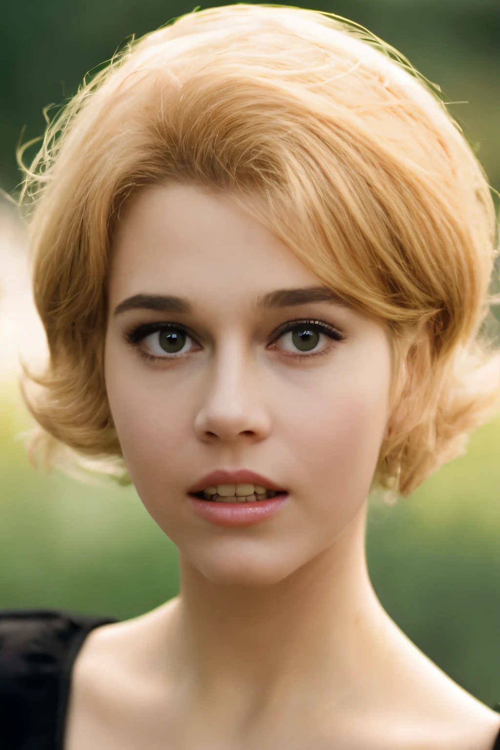janef a woman, solo, looking at viewer, short hair, blonde hair, green eyes, parted lips, wings, teeth, blurry, lips, portrait, angel wings, realistic