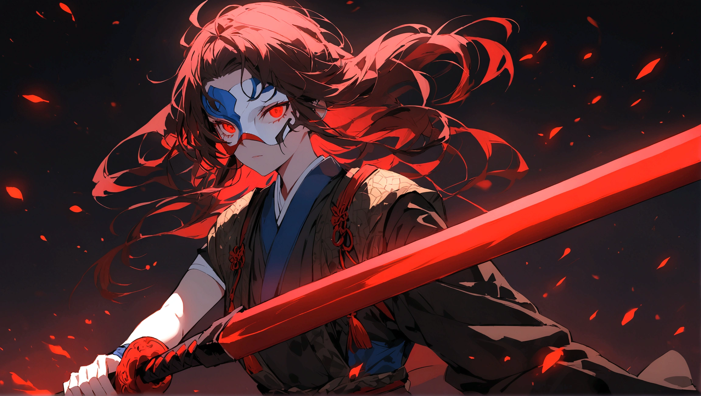 In the image, there is an anime character set against a dark background with red glowing particles. The character has striking red eyes that emit an intense glow. They are wearing a mask with a red upper part and a black lower part. Their hair is black with red highlights, parted into two sections with some strands falling over their face, and they have two metallic spikes as hair accessories on the right side. The character is dressed in traditional Japanese warrior attire, predominantly black and red with blue and white accents, featuring intricate patterns. A blue tie adorns the upper part of their right arm. They are holding a black sword with red highlights in their right hand, drawn from its scabbard. The overall appearance of the character exudes a sense of power and mystique.