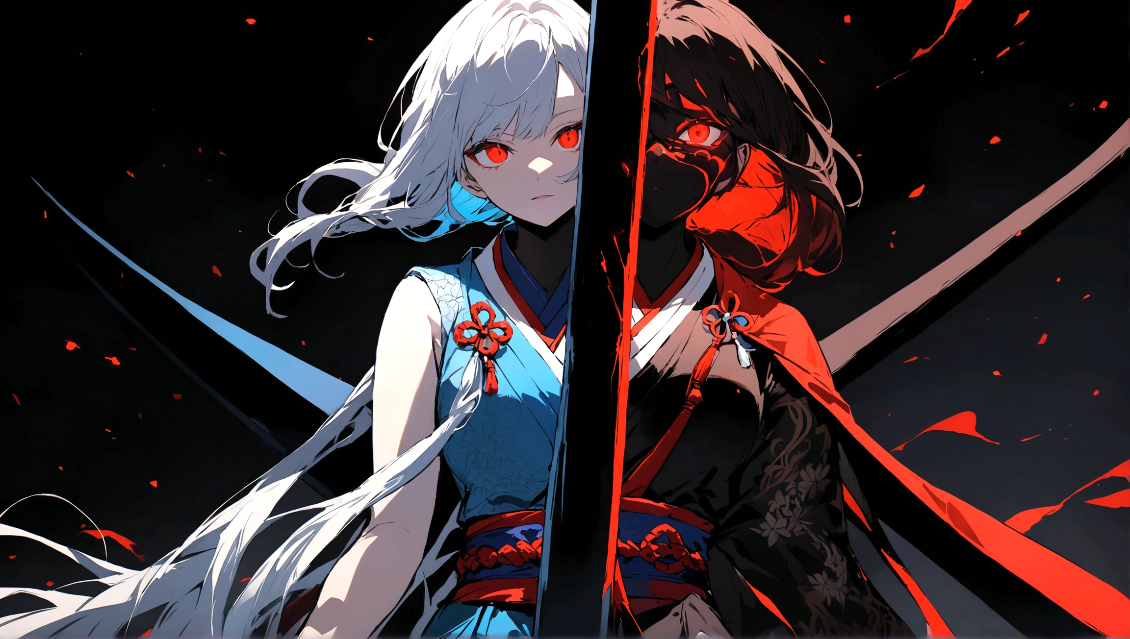In the image, there is an anime character set against a dark background with red glowing particles. The character has striking red eyes that emit an intense glow. They are wearing a mask with a red upper part and a black lower part. Their hair is black with red highlights, parted into two sections with some strands falling over their face, and they have two metallic spikes as hair accessories on the right side. The character is dressed in traditional Japanese warrior attire, predominantly black and red with blue and white accents, featuring intricate patterns. A blue tie adorns the upper part of their right arm. They are holding a black sword with red highlights in their right hand, drawn from its scabbard. The overall appearance of the character exudes a sense of power and mystique.