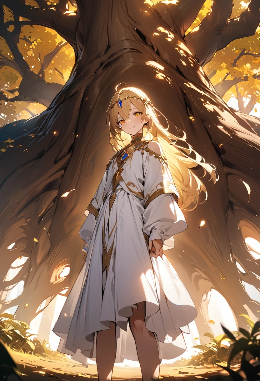1boy, long overflowing blonde hair loosely braided, golden eyes, subtle holy glow, small golden circlet, looking at viewer, smiling, white robes, flat chest, girly boy, gigantic tree with golden leaves background, textured skin, award winning, high details, incredible high-key lighting and shadows, masterpiece, UHD, UHD, UHD, UHD