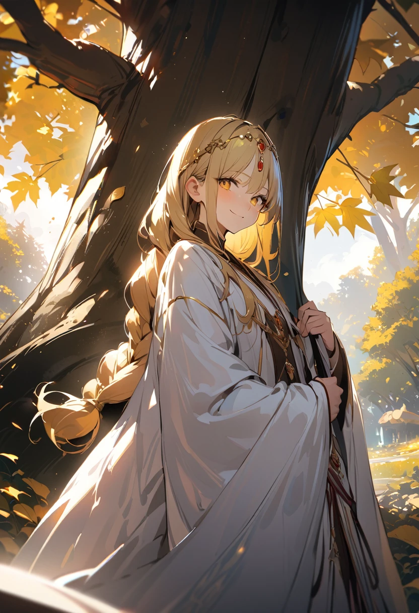 1boy, long overflowing blonde hair loosely braided, golden eyes, subtle holy glow, small golden circlet, looking at viewer, smiling, white robes, flat chest, girly boy, gigantic tree with golden leaves background, textured skin, award winning, high details, incredible high-key lighting and shadows, masterpiece, UHD, UHD, UHD, UHD