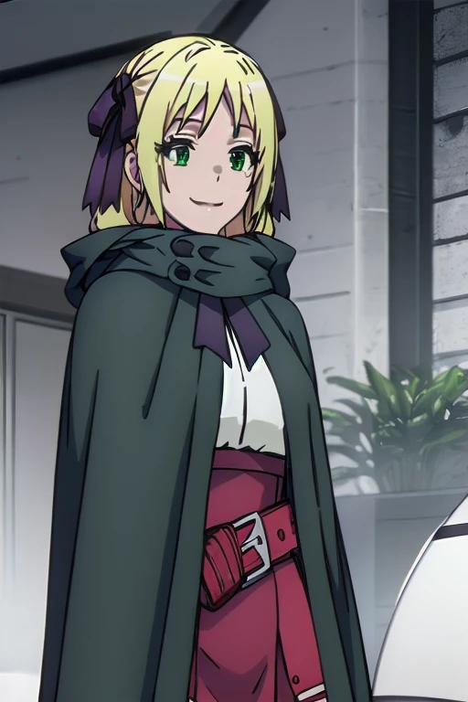 Solo, 1girl, esther rosenthal, smile, long hair, blonde hair, (green eyes:1.5), mole, mole under eye, black ribbon, black bow, hair ribbon, skirt, hooded black cloak, cape, best quality, room, bed, Dutch angle