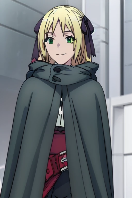 Solo, 1girl, esther rosenthal, smile, long hair, blonde hair, (green eyes:1.5), mole, mole under eye, black ribbon, black bow, hair ribbon, skirt, black cloak, cape, best quality, city