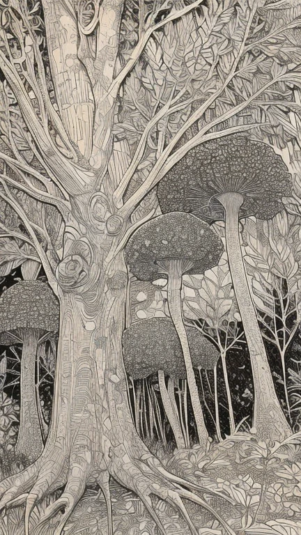Create a detailed illustration based on this image. The scene should feature a tree with a stylized, textured bark pattern, similar to the one shown. Include a large, bracket-like mushroom growing from the side of the tree. In the background, depict two birds flying and add tall grasses at the bottom. Maintain the original's monochromatic, intricate linework style to emphasize the details in the bark, mushroom, and grasses, but keep the overall look more illustrative and less realistic.