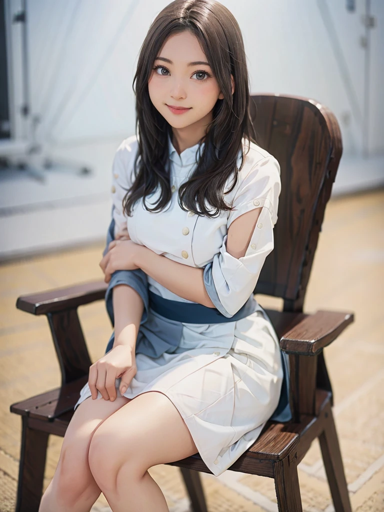 raw photo, 1girl, cute face, beautiful face, medium breast, light smile, detailed skin, simple background, Above the knee, sit on a chair, Seductive pose, photorealistic, masterpiece, best quality, anatomically correct