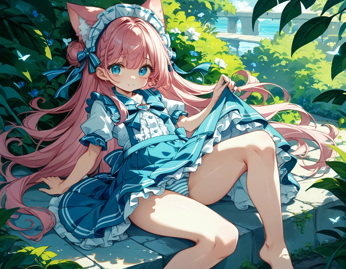 Plain white with emphasis on the chestTshirt、You can see the chest from the neck、Ultramarine and white striped mini skirt、When you lift up her skirt you can see her cute pink frilly underwear...、fluffy, White frilly flared skirt、When she lifted her skirt, She found some cute red frilly underwear、barefoot、