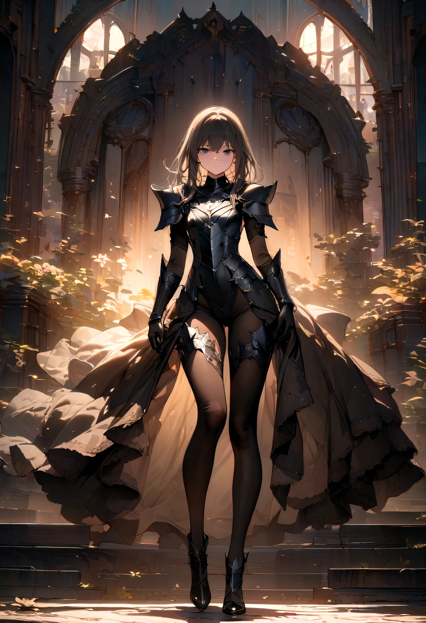 (masterpiece,best quality,8K:1.2), (ultra-detailed,high resolution),(illustration),(an extremely delicate and beautiful),(detailed background), 1girl, full body, ((She wears armor, black bodystocking)),