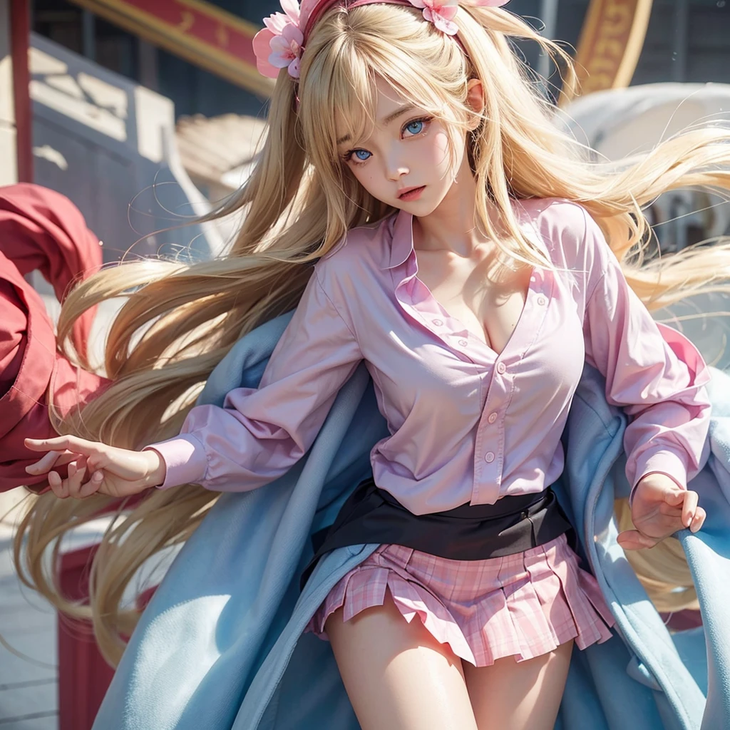 Qiuyue Airi. Ghost Milk, masterpiece, best quality, Super detailed, illustration, Flat Color, Depth of Field, , , 1 girl, young, Large Breasts,pink head,Japanese cartoon, Blonde, Double tail, looking at the audience, Red pleated miniskirt, Wet white button shirt, Blue tie, , Black tight underwear, Detailed fabric texture, Beautiful and delicate face, blue eyes, tired, A faint smile, Pink panties