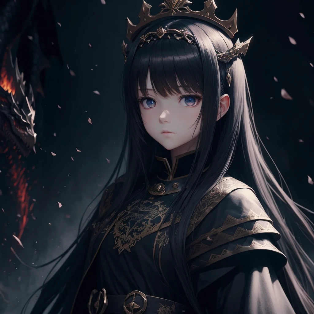 Dark environment that is like anime and has beautiful designs and an adult girl looking straight ahead with a dragon clothes with a crown on top with 8k or HD designs that is anime