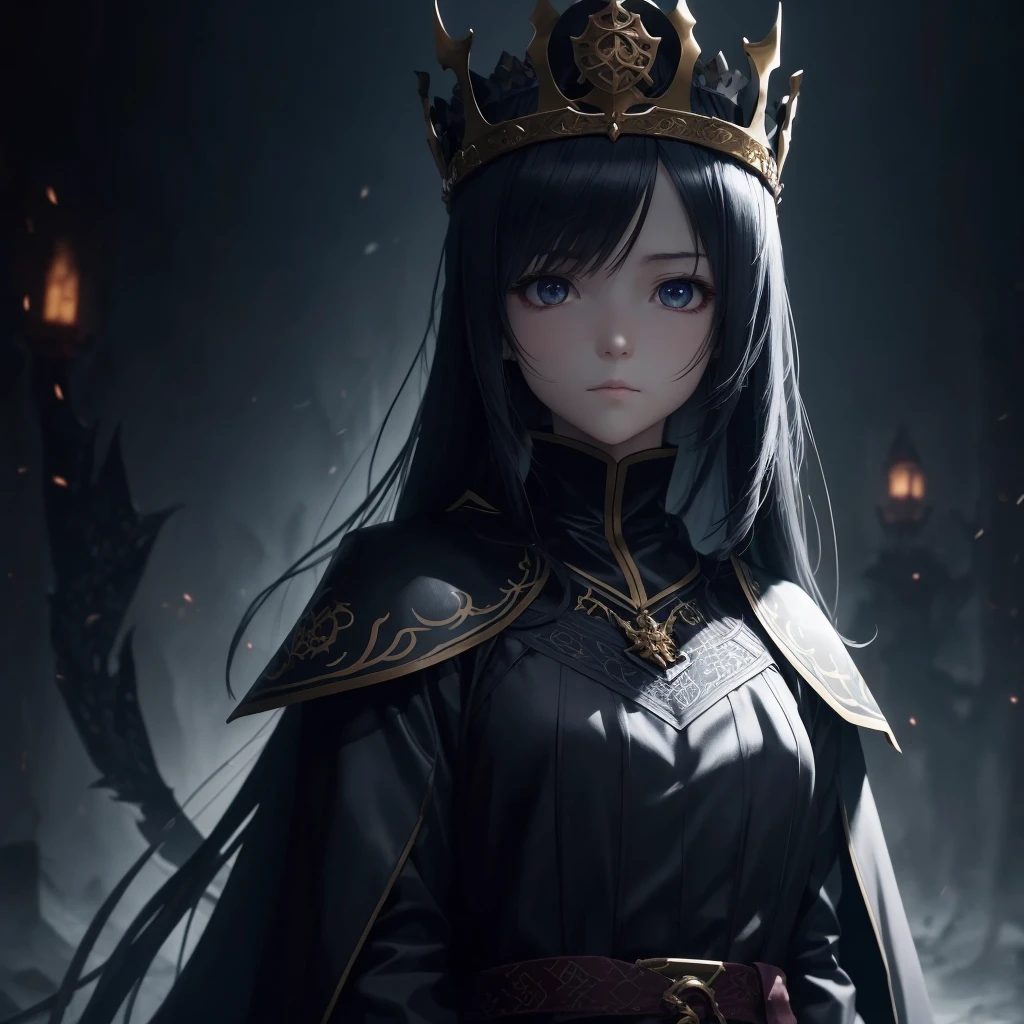 Dark environment that is like anime and has beautiful designs and an adult girl looking straight ahead with a dragon clothes with a crown on top with 8k or HD designs that is anime