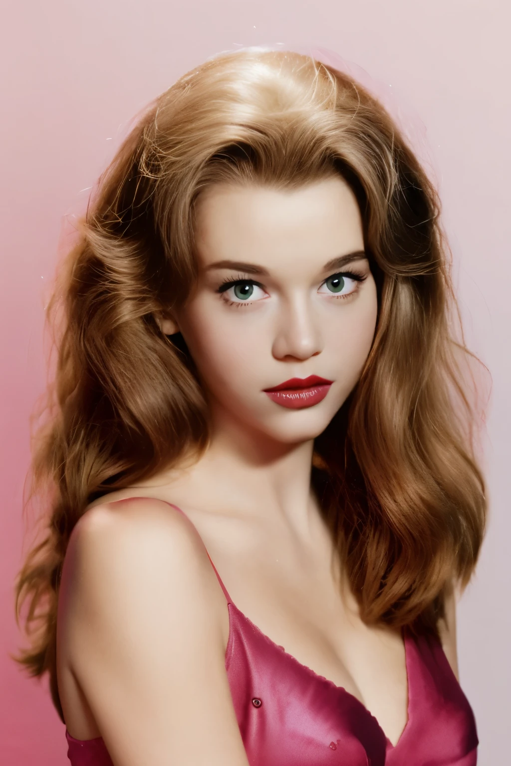 janef a woman, solo, long hair, looking at viewer, simple background, brown hair, bare shoulders, green eyes, lips, makeup, pink background, lipstick, portrait, realistic, red lips