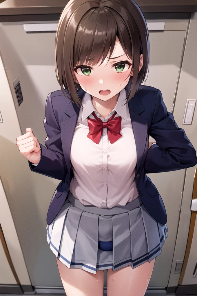 masterpiece, Highest quality, High resolution, MyMiku, short hair, teeth, , Red Bow, Collared shirt, Blue jacket, blazer, Long sleeve, Pleated skirt, Grey Skirt, Black knee socks, Cowboy Shot, anger, Are standing, locker room,Shirt open,Skirt flip,Panties in full view,Sweat