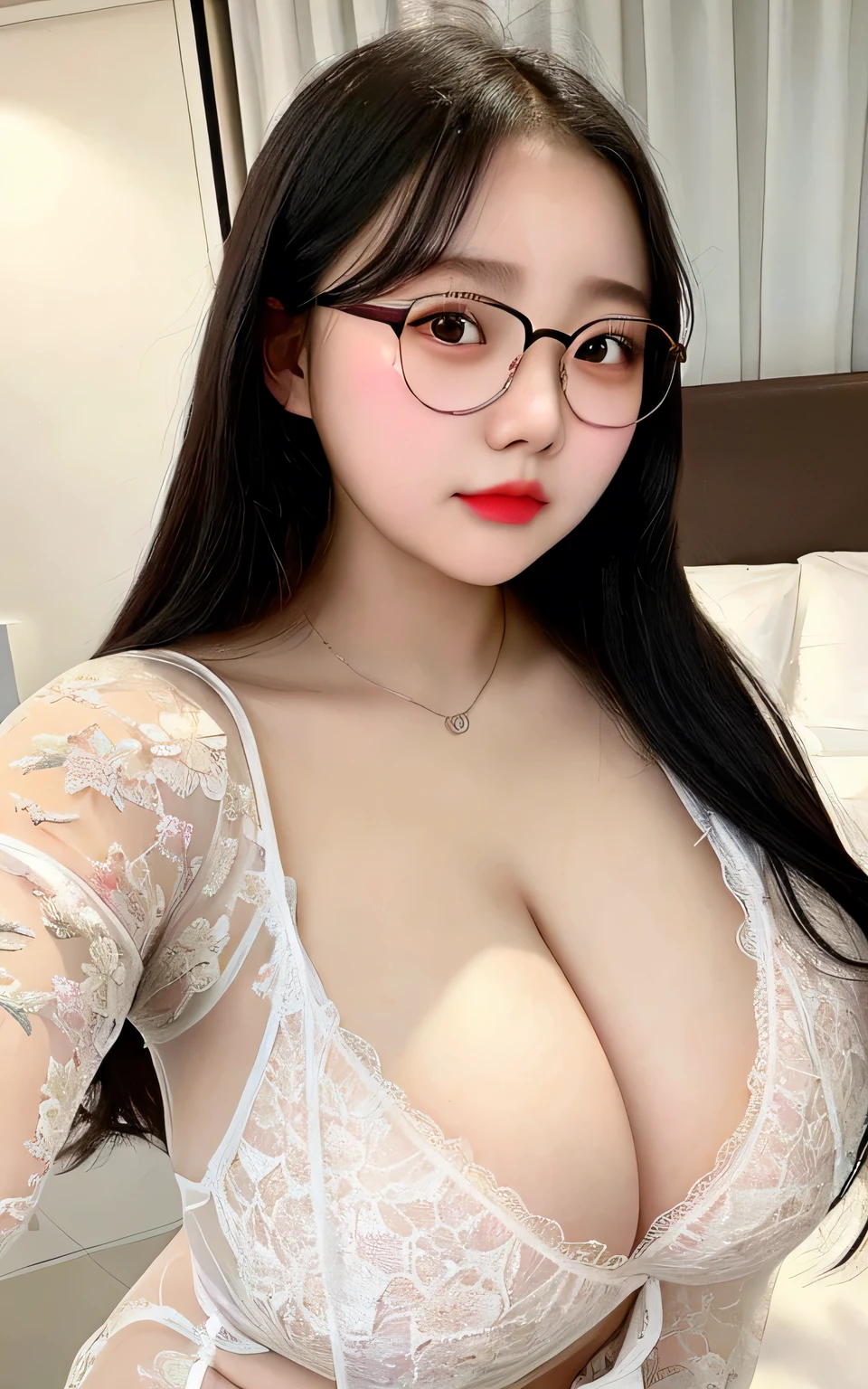 with a pure face, big breasts, super big breasts, obesity, fair skin, erotic pajamas, transparent gauze, lace lace, glasses, milk running from the corners of her mouth