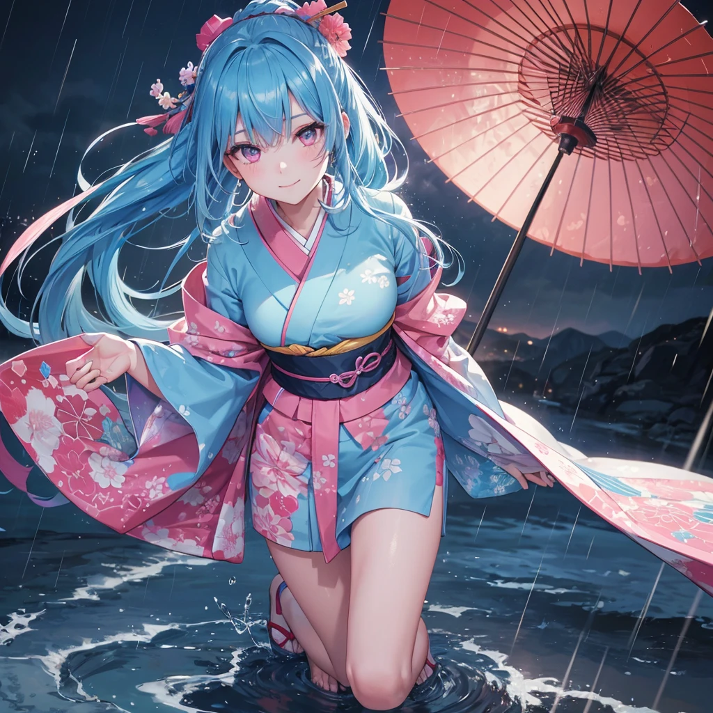 sky Blue hair, (braided ponytail),(pink eyes),fair skin ,(full body),(1 girl),smile,Straight Bangs,(masterpiece, best quality, ultra-detailed, best shadow), (detailed background), (beautiful detailed face), high contrast, (best illumination, an extremely delicate and beautiful), ((cinematic light)), colorful, hyper detail, dramatic light, intricate details,(rain shower),kyoto,big Japanese Umbrella,kimono,
