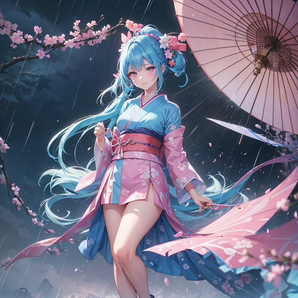 sky Blue hair, (braided ponytail),(pink eyes),fair skin ,(full body),(1 girl),smile,Straight Bangs,(masterpiece, best quality, ultra-detailed, best shadow), (detailed background), (beautiful detailed face), high contrast, (best illumination, an extremely delicate and beautiful), ((cinematic light)), colorful, hyper detail, dramatic light, intricate details,(rain shower),kyoto,big Japanese Umbrella,kimono,