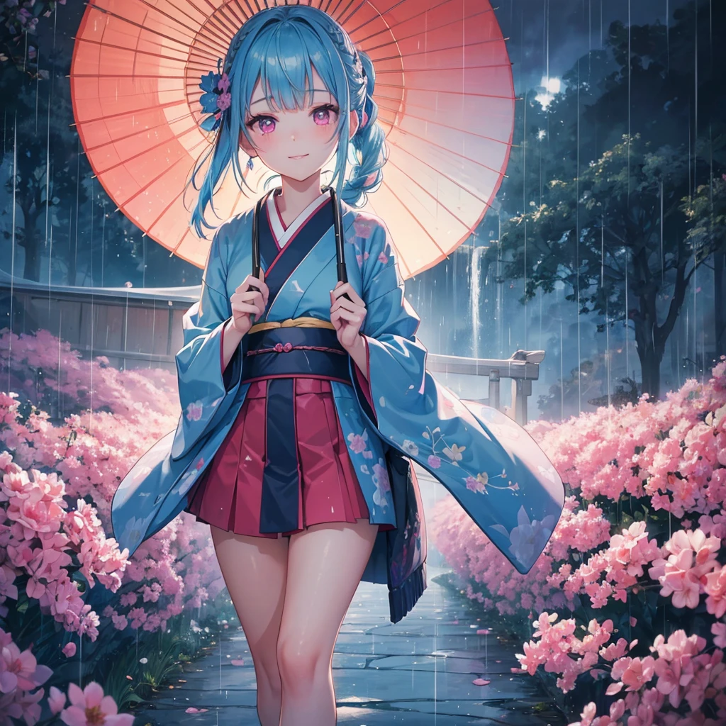 sky Blue hair, (braided ponytail),(pink eyes),fair skin ,(full body),(1 girl),smile,Straight Bangs,(masterpiece, best quality, ultra-detailed, best shadow), (detailed background), (beautiful detailed face), high contrast, (best illumination, an extremely delicate and beautiful), ((cinematic light)), colorful, hyper detail, dramatic light, intricate details,(rain shower),kyoto,big Japanese Umbrella,kimono,