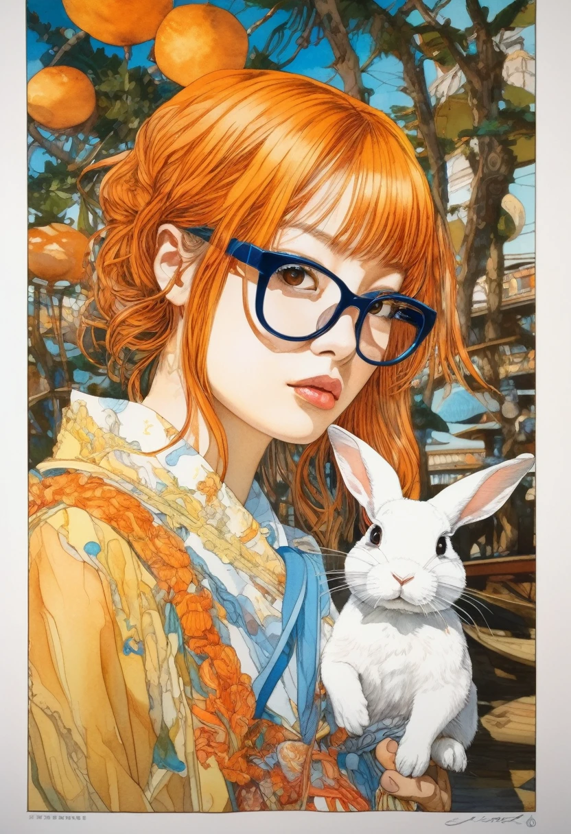artwork:Katsuya Terada
8k, High resolution, A complex and intricate masterpiece, (Summer vacation:1.2), (Girl with glasses and a rabbit:1.1), transparent, Glowing black eyes, Rabbit with brown eyes, Medium Shot, Orange Hair, Organic Shapes, Hard Edge, Anatomically correct body,  Ultra-realistic, Rabbit Elegant,Cinema Lighting, Very detailed, Vibrant colors, Octane Rendered Cat, Surreal atmosphere, Award-winning works, Bright and rich colors, iridescent accents, Dramatic Shadows,Dynamic and atmospheric lighting, Anamorphic Lens, Sharp focus, 
An intricate and detailed masterpiece by Katsuya Terada, Katsuya Terada Style, Pop Surrealism, watercolor , Kanna Hashimoto