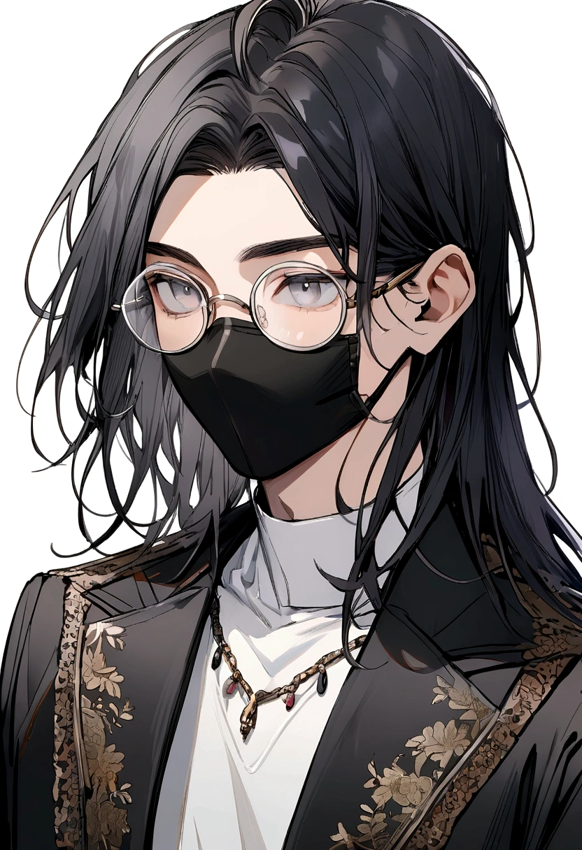 Boy,round glasses,neck length hair,black hair,black facemask,black jacket,white undershirt