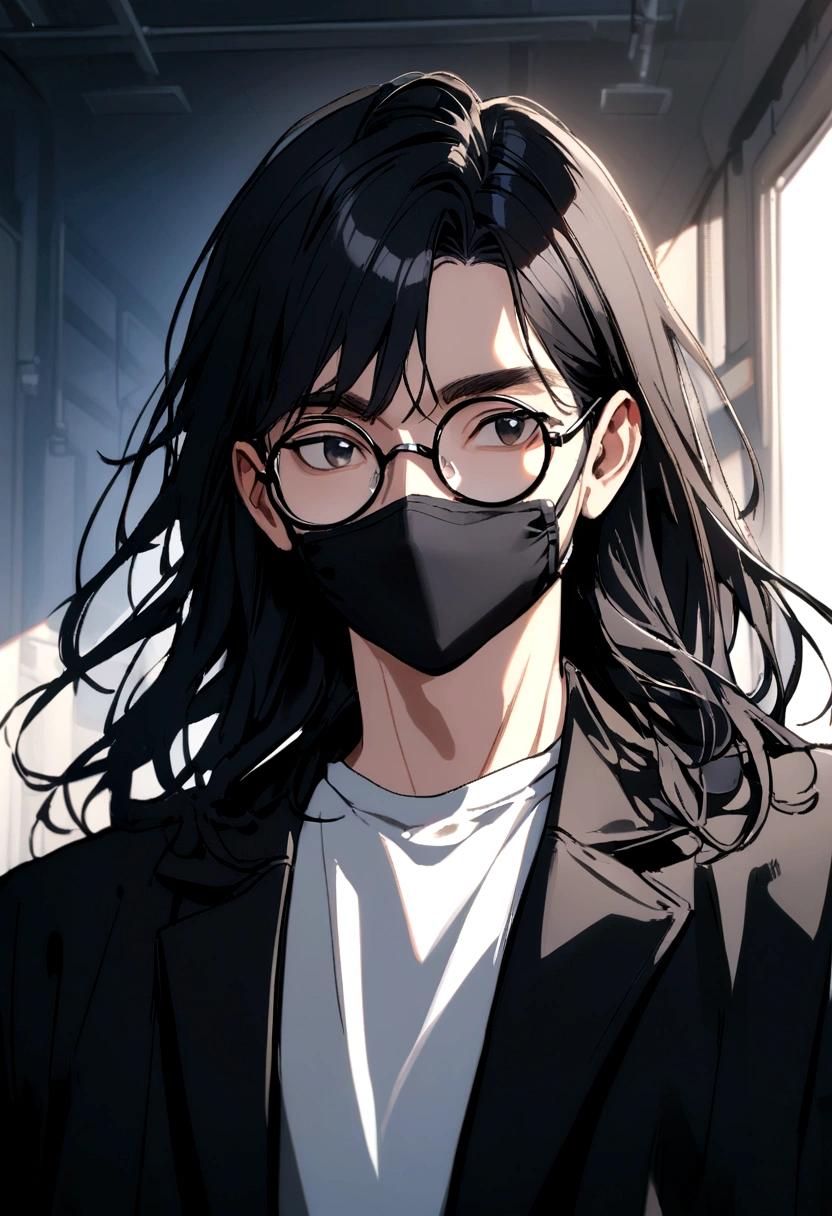 Boy,round glasses,neck length hair,black hair,black facemask,black jacket,white undershirt