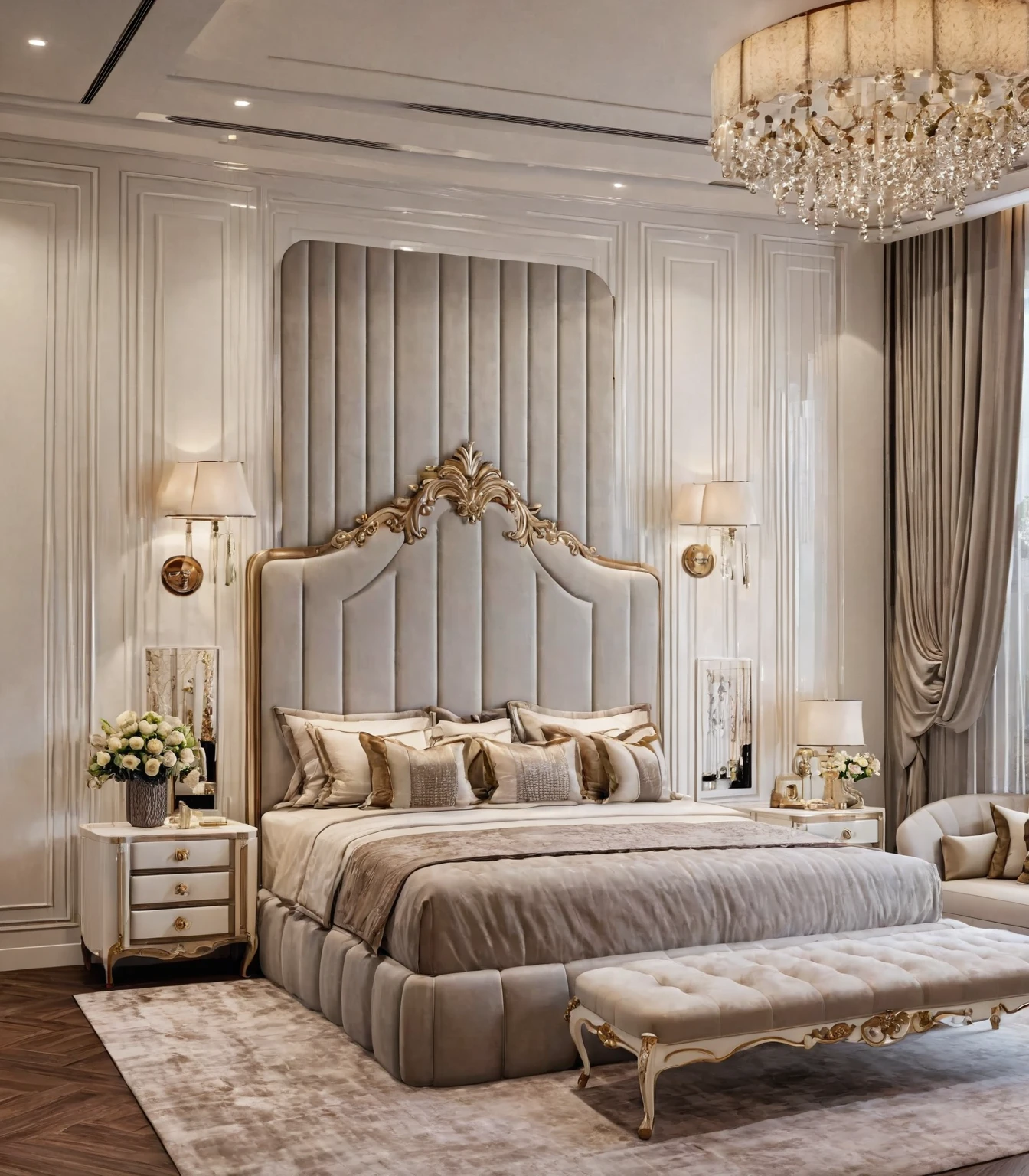 luxurious bedroom interior design, luxury, wood floor, rug, nice bed, table and lamp, picture frames, cabinet with flower vase on top, large window with curtain, (masterpiece:1.2), high quality image, nice detail, nice lighting, elegant,