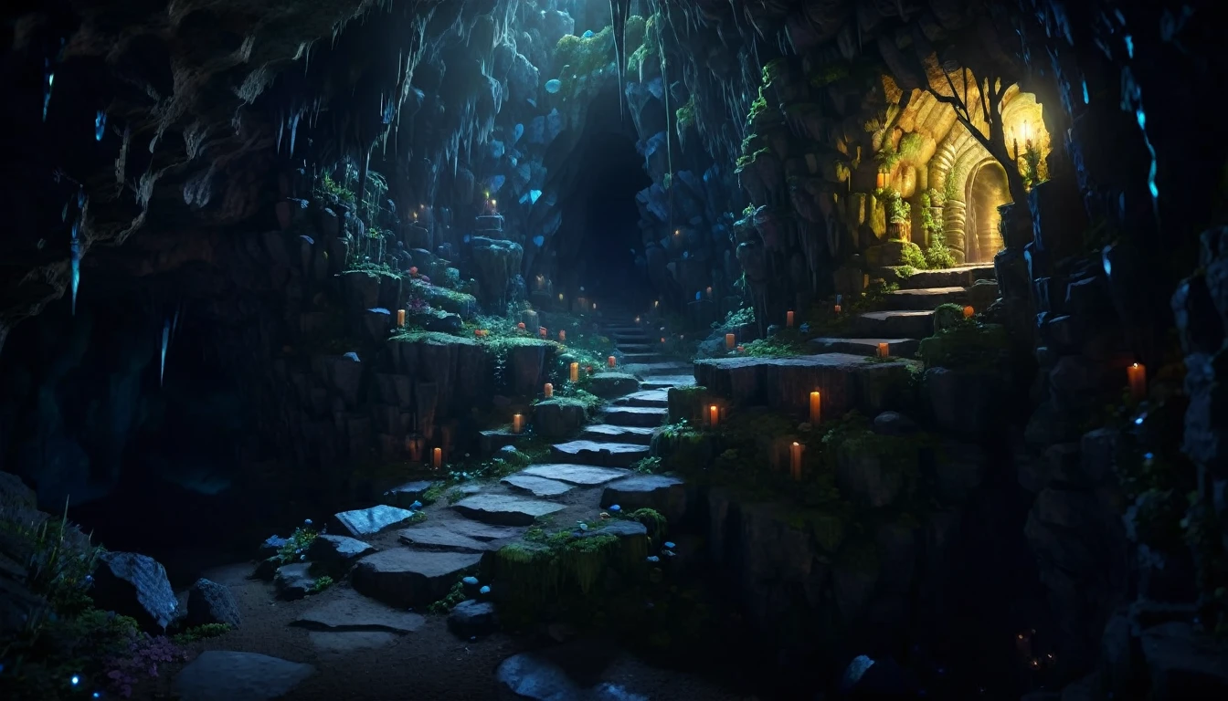 (anime, fantasy), (best quality, high resolution, depth of filed, HDR:1.2), (cave, stalagmite, goblin liar, small tunnel, isolated tunnel, dark tunnel: 1.5,), no candle, no torch, no fire, vibrant colors, spooky, enchanted, goblin totem, black magic atmosphere, extremely detailed, intricate, delicate, dark fantasy, bokeh, cinematic lighting, 8k, high quality