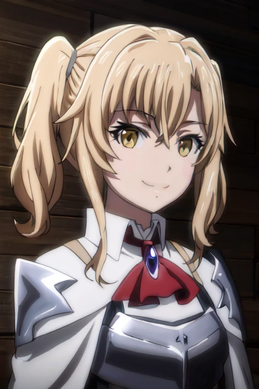 GoblinSlayer, NobleFencer, solo, girl1, looking at viewer, smile, long sleeves, brown eyes, white cape, armor, shoulder armor, portrait, red ascot,