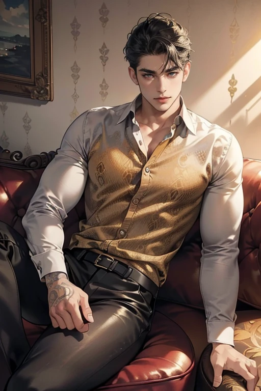 a handsome man with tattoos sitting on a couch, beautiful detailed eyes, beautiful detailed lips, extremely detailed face, short black hair, leather shoes, serious expression, Sanpaku, (best quality,4k,8k,highres,masterpiece:1.2),ultra-detailed,(realistic,photorealistic,photo-realistic:1.37),dramatic lighting,dramatic shadows,gold chain,floral shirt