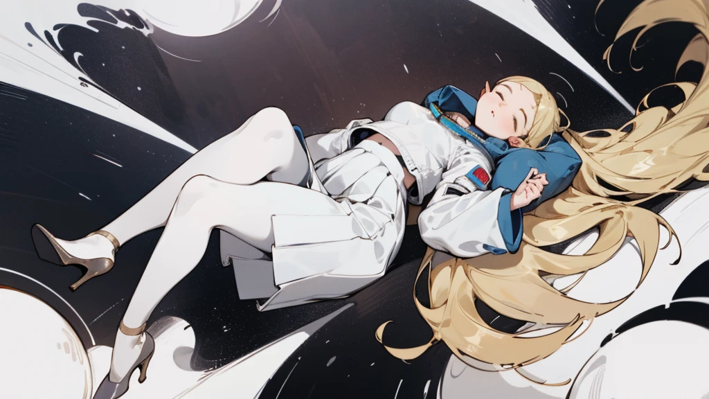 pantyhose, Pop Color,(whole body,blonde)long blonde hair, Bust and waist,White top,High heels,whole body,Sleeping on your back,Pleated skirt,astronaut