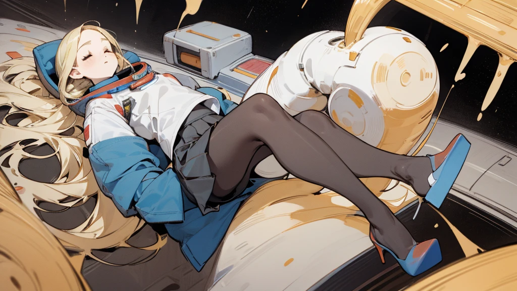 pantyhose, Pop Color,(whole body,blonde)long blonde hair, Bust and waist,White top,High heels,whole body,Sleeping on your back,Pleated skirt,astronaut
