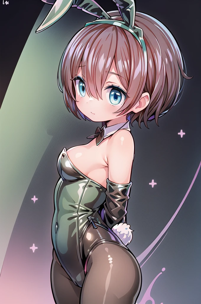 (1girl,solo),(pastel green playboy bunny:1.6),cowboy shot,standing,(black hair:2.0),BREAK,(short hair:1.4),x hair ornament,hair ribbon, hair over one eye,(blue eyes:1.4)(beautiful fingers:1.2),(perfect anatomy:1.6),(arms_behind_back:1.6),(cold_shoulder:1.2),BREAK,(leather lace glossy silk lamé:1.6),(shiny_clothes:1.6),medium breasts,(masterpiece),best quality,(Ultra high definition eyes:1.2),8k,(Beautiful detailed eyes:1.2),(Fine and beautiful eyes:1.2),(pretty eyes:1.2),finely detail,extremely CG, absurdres,high resolution,illustration,Detailed and beautiful outlines,finely detail,high resolution,(colorful refraction:1.4,Increase saturation:1.2),beautiful lighting,dynamic lighting,closed room,black background,simple background, smile,looking at viewer,aarem, maid headdress, neck ribbon, cleavage,(pastel green rabbit ears:1.4),(white Clear PVC sheets sleeves:1.4),(sheer sleeves:1.4),(see-through sleeves:1.4),(wide sleeves:1.2),(pastel green tights:1.2)