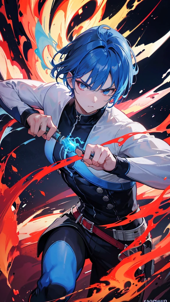 A muscular boy with intense blue hair, swinging a fiery sword, eyes glowing with red fire and blue ice, angry expression, fighting a demonic creature, wearing a sleek black jacket,and white shirt (best quality,4k,8k,highres,masterpiece:1.2),ultra-detailed,(realistic,photorealistic,photo-realistic:1.37),digital painting, cinematic lighting, highly detailed, dramatic composition, vibrant colors, dynamic pose