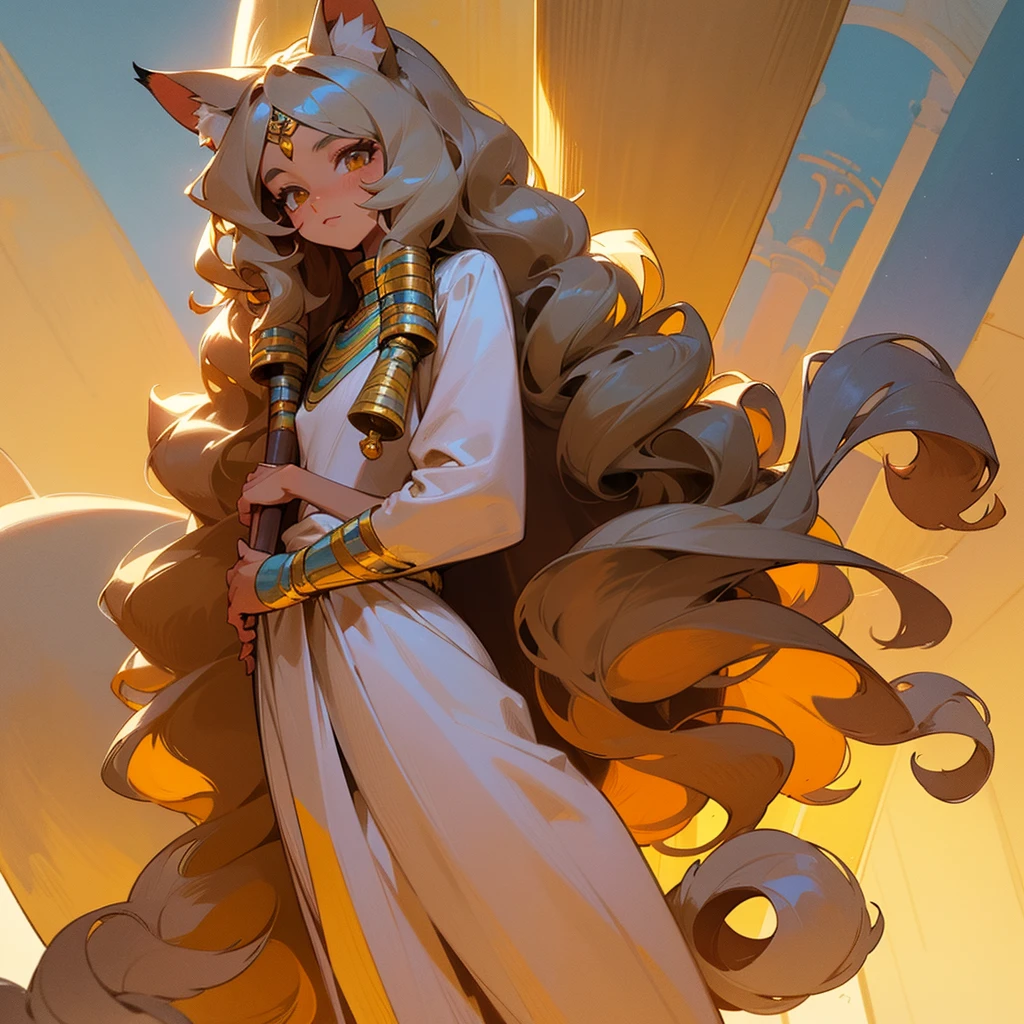 The illustration shows a character with a fusion of human and feline features. The character has long, wavy hair, cat ears that look soft and match your hair color, and a fluffy, voluminous tail. Visible clothing includes an Egyptian pharaoh costume . The art style is detailed and gives a realistic texture to the character&#39;s fur.”, paisaje, pharaoh&#39;s hall 