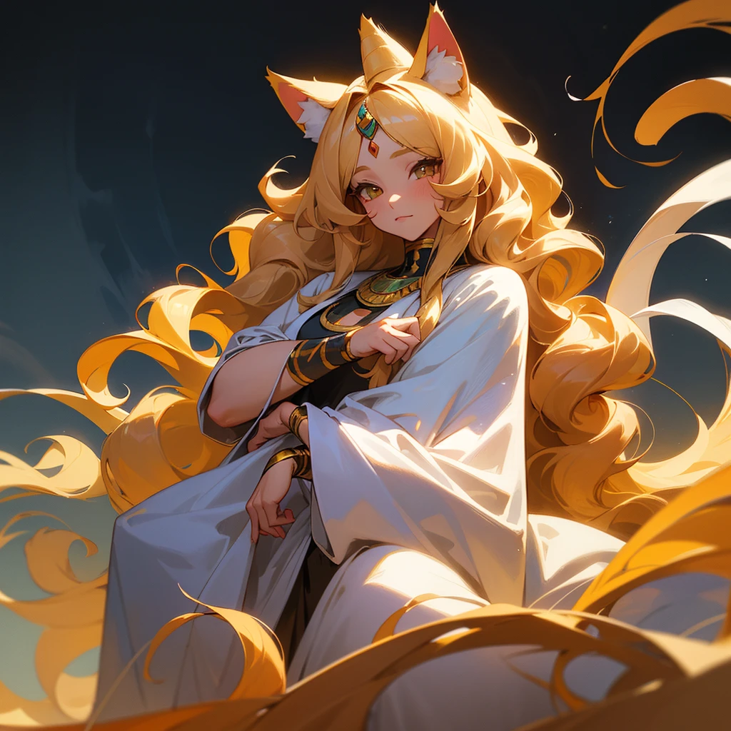 The illustration shows a character with a fusion of human and feline features. The character has long, wavy hair, cat ears that look soft and match your hair color, and a fluffy, voluminous tail. Visible clothing includes an Egyptian pharaoh costume . The art style is detailed and gives a realistic texture to the character's fur.”, paisaje, pharaoh's hall