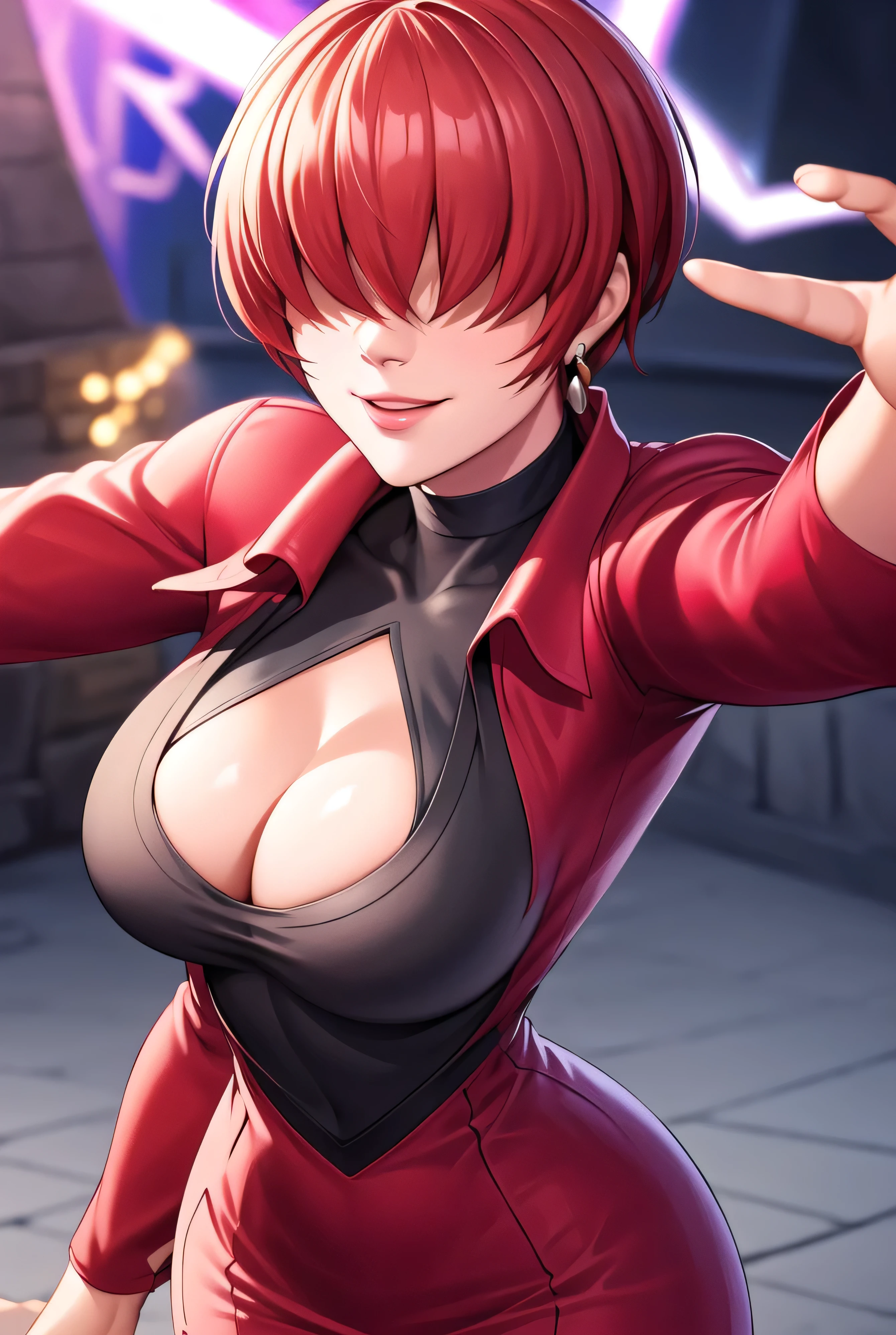 ,
Red outfit,Red jacket,choker, cleavage cutout, clothing cutout,
earrings,
Red hair,bangs,((hair over eyes)),
1 girl, 20yo,Young female,Beautiful Finger,Beautiful long legs,Beautiful body,Beautiful Nose,Beautiful character design, evil face,
looking down at viewer,(Focus on her face),too evil_Smile,
official art,extremely detailed CG unity 8k wallpaper, perfect lighting,Colorful, Bright_Front_face_Lighting,shiny skin,
(masterpiece:1.0),(best_quality:1.0), ultra high res,4K,ultra-detailed,
photography, 8K, HDR, highres, absurdres:1.2, Kodak portra 400, film grain, , bokeh:1.2, lens flare, (vibrant_color:1.2),professional photograph,
(Beautiful,large_Breasts:1.4), (beautiful_face:1.5),(narrow_waist),conceit,smile worst,worst ridecule,evil moukery,hand on hip,upper body,two hand,raiging a lightning