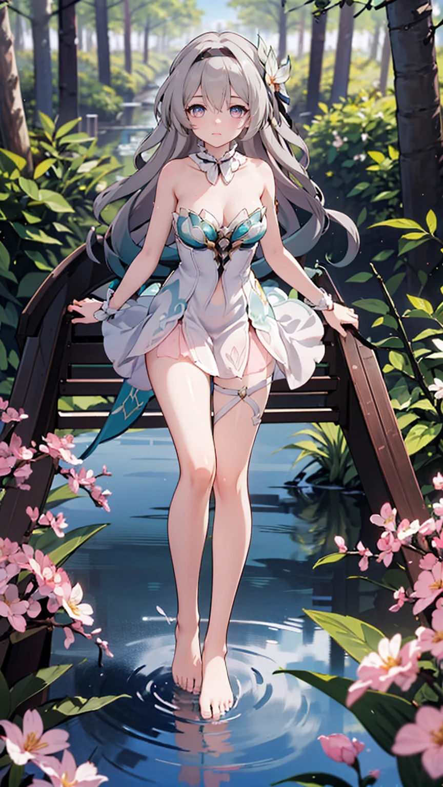 (Pink strapless dress :1.5), silver Long hair, black _ hair band, X-shaped _ eyebrows, hair band, POE _ Hair, bangs, bare shoulders, full body shot, black stockings, (Peach Blossom Forest:1.3)，Creek，Bare feet，soaking feet，