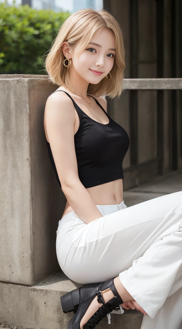 flying debris、Highest quality、An illustration、Highest quality、got it、High resolution、8k wallpaper、Perfect dynamic composition、(((Ezvian Everywhere)))、((From below))、Beautiful and cute 20 year old girl、Beautiful face in every detail、Delicate and cute eyes、Fine skin、Red cheeks.、shy、(Semi-short hair:1.3)、(wavy blonde hair)、Small breasts、Bold sexy pose、smile、Small breasts、Between the legs、Small Ass、Thin butt、Generated on the eaves.、Narrow shoulders、wavy blonde hair、blonde、Heart-shaped earrings、smile、、Gold bracelet、Tie your hair back、Black tank top、Loose fitting white harem pants、Baggy pants、Combat Boots、Army Boots、Standing posture showing the whole body、at the park、Belly Show、Navel exposed、Very good、I can see my nipples are erect、