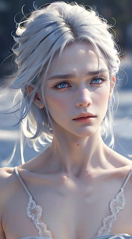 delicate man, 29-years-old, grayish white hair, ice blue eyes, scar on cheek, wears traditional clothes with lace applications, pale hair, beautiful blue eyes.
