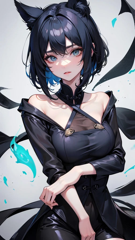 Masterpiece, Best quality, 1 Female, Mature Woman, Elder Sister, young girl, Royal Sister, Cold Face, strong, green eyes, wolfcut short hair, smoky mix navy blue color hair, resolute eyes, simple black and white Taoist Taoist uniform, long black eardrop, Chinese mix morden, frontal photo, blank background, remove background, wolfcut hairstyle, anime, illustration