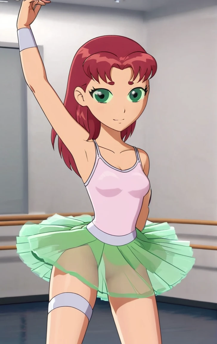 ohxw, star12, red hair, green eyes, pink tutu, pink tank top, bare legs, ballet slippers, full body, blushing, dance studio, 4k, highly detailed, lighting, inside, cartoon, 2d, sharp, skirt lift, white