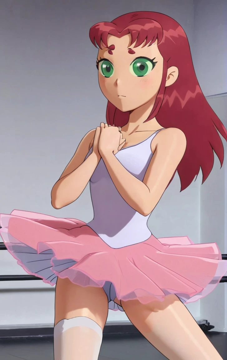 ohxw, star12, red hair, green eyes, pink tutu, pink tank top, bare legs, ballet slippers, full body, blushing, dance studio, 4k, highly detailed, lighting, inside, cartoon, 2d, sharp, skirt lift, white panties