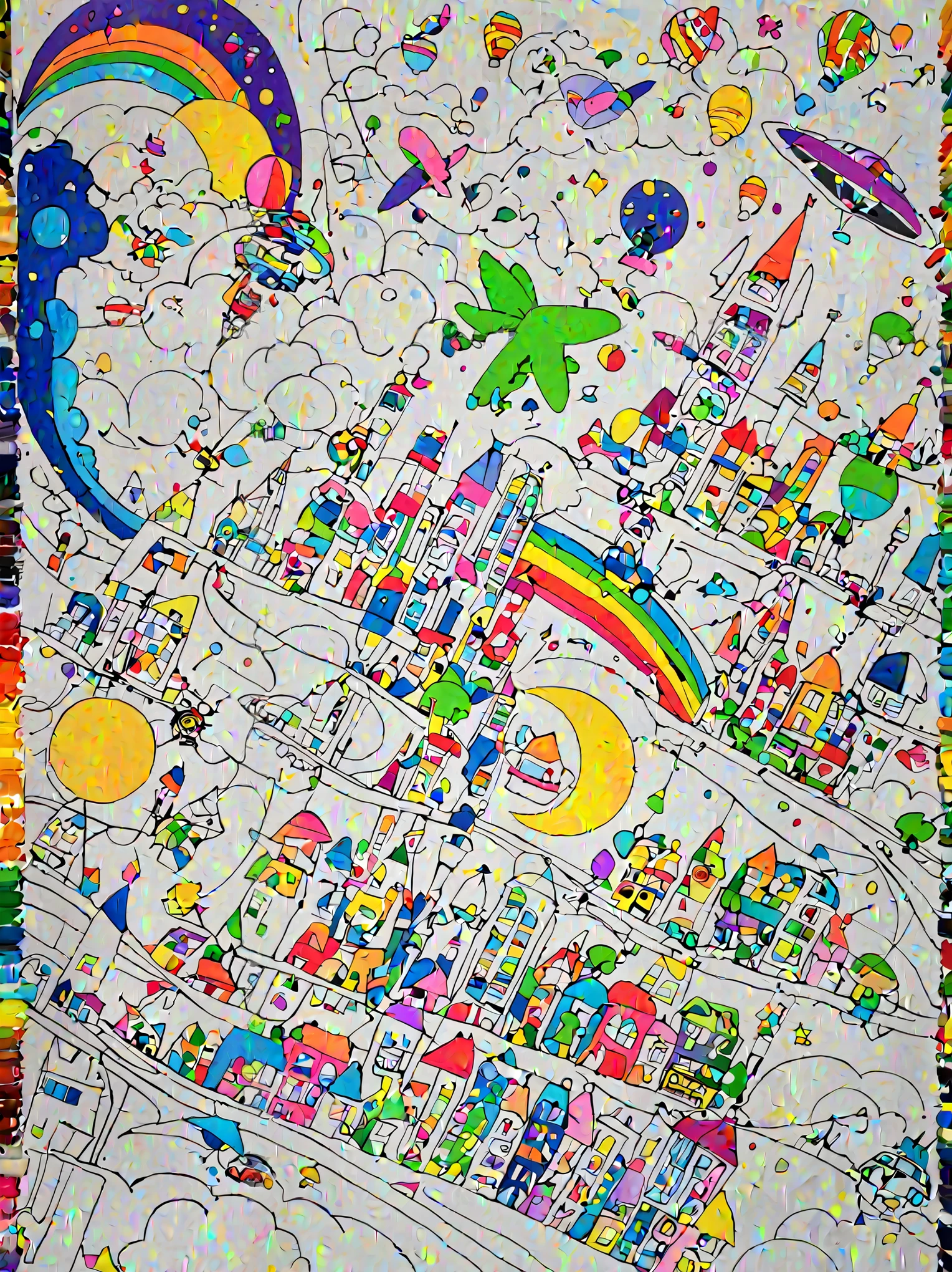 A painting,I drew a bunch of different things., Fill all with color,children's artwork, child, futuristic city, Children's drawings, Will magic, Beautiful little girl, Happy smiling face, Rich colors, Children's fantasies, child画, artwork