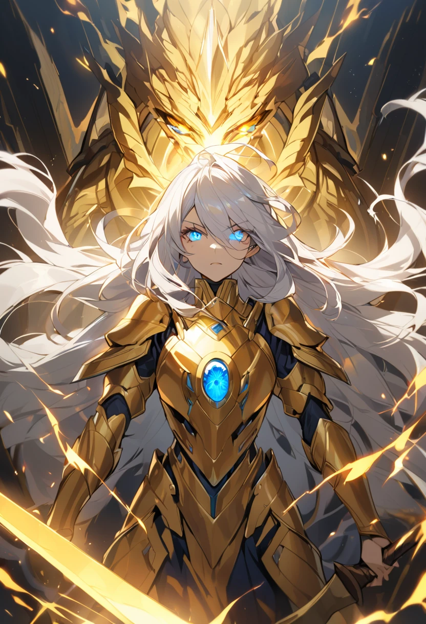 woman, god, god eyes, blue eyes, glowing eyes, yellow aura, golden armor, windy hair, long hair, white hair, glowing hair, hold a giant sword, mature