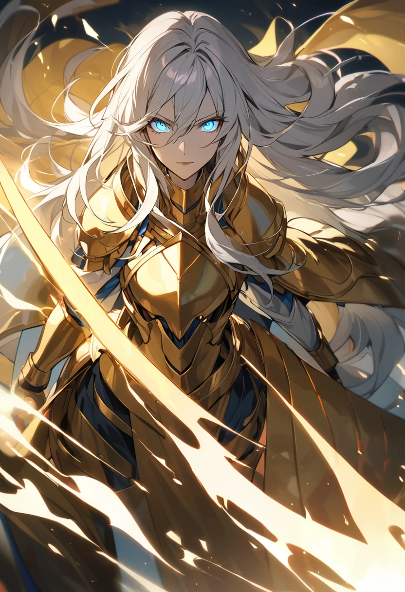woman, god, god eyes, blue eyes, glowing eyes, yellow aura, golden armor, windy hair, long hair, white hair, glowing hair, hold a giant sword, mature