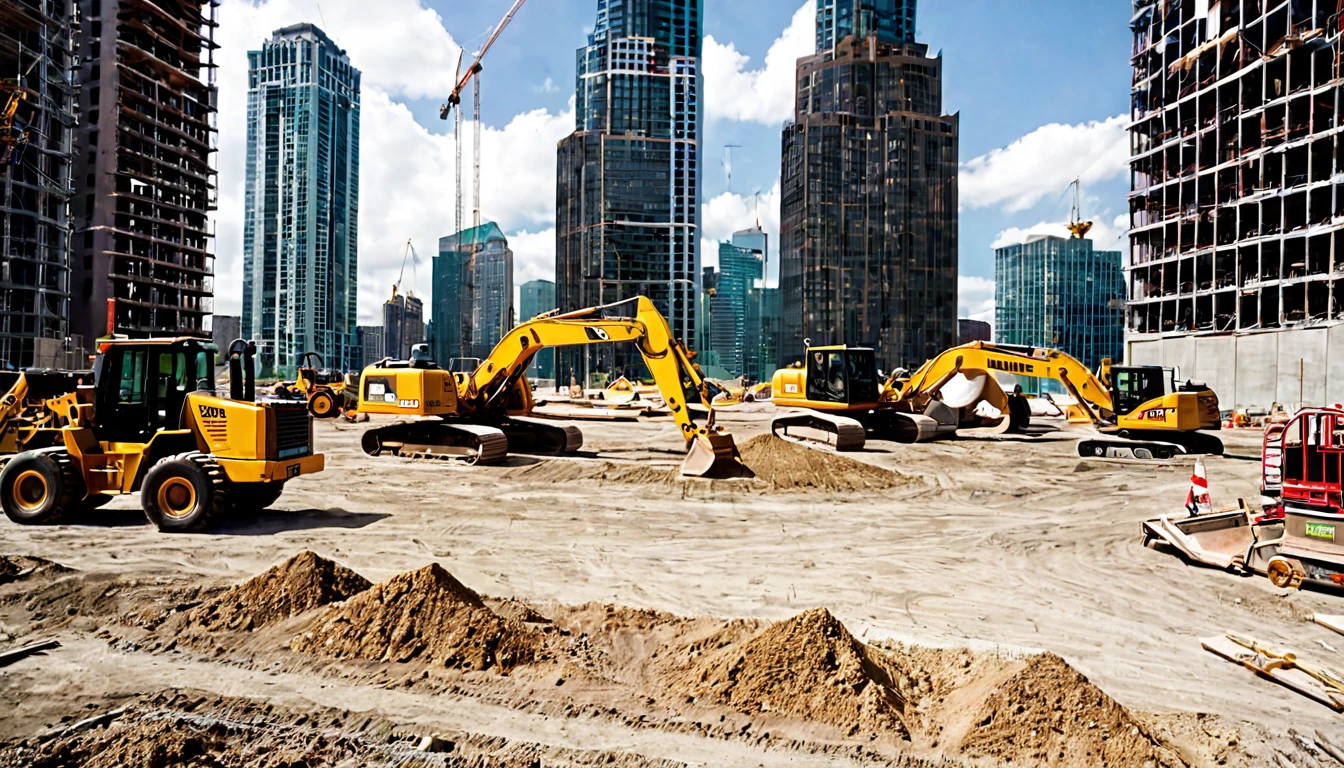 first person view, facing a vacant lot, large skyscraper being built, various construction equipment
